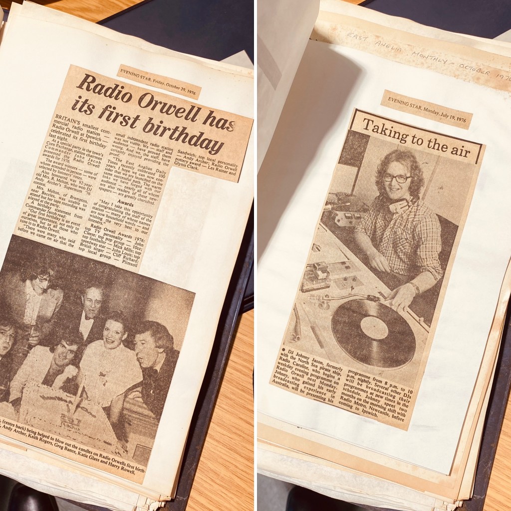 A split picture showing two aged newspaper clippings. On the left, the headline reads 'Radio Orwell has its first birthday'. On the right, the headline is 'Taking to the Air' with a photo of DJ Johnny Jason at a record player.