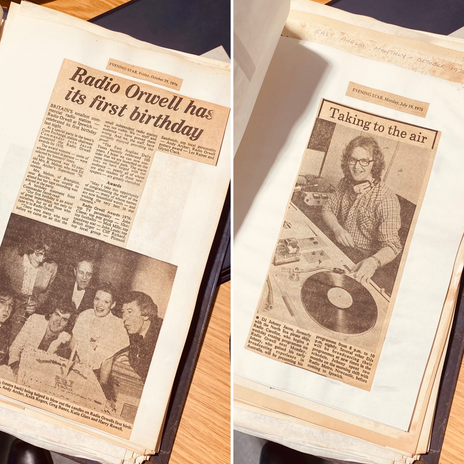 A split picture showing two aged newspaper clippings. On the left, the headline reads 'Radio Orwell has its first birthday'. On the right, the headline is 'Taking to the Air' with a photo of DJ Johnny Jason at a record player.